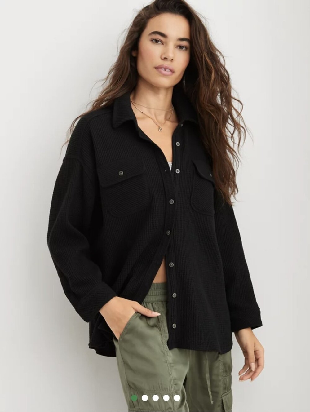 NWOT Aerie Lumber Jane Waffle Knit Button Up Top Black Size XL